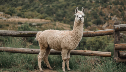Fototapeta premium White llama standing near rustic wooden fence in rural mountain pasture, calm and curious