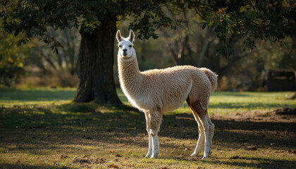 Fototapeta premium Cream llama standing in sunlit park with trees and soft shadows