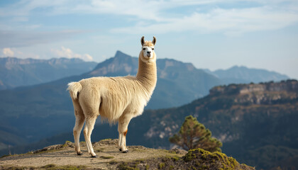 Fototapeta premium Cream llama standing on mountain ridge with panoramic mountain view and calm expression