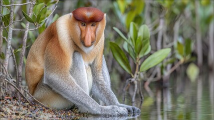 Fototapeta premium A curious proboscis monkey with a prominent nose sits by the water's edge in a lush green forest habitat