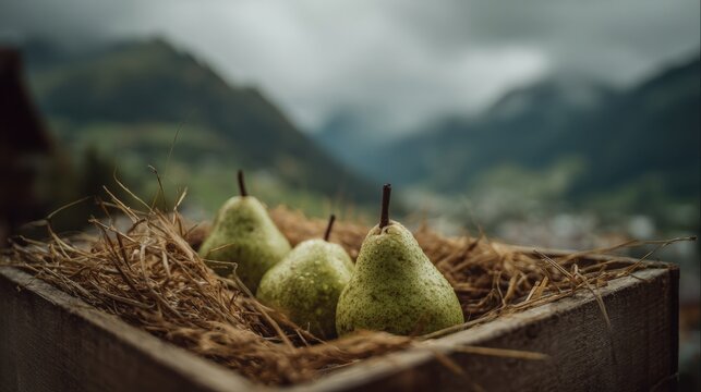Three fresh green pears nestled in dry hay with blurred mountain background