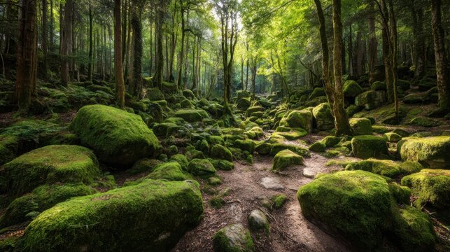 Lush green moss covers ancient mossy rocks and a winding path through a sun-dappled forest.