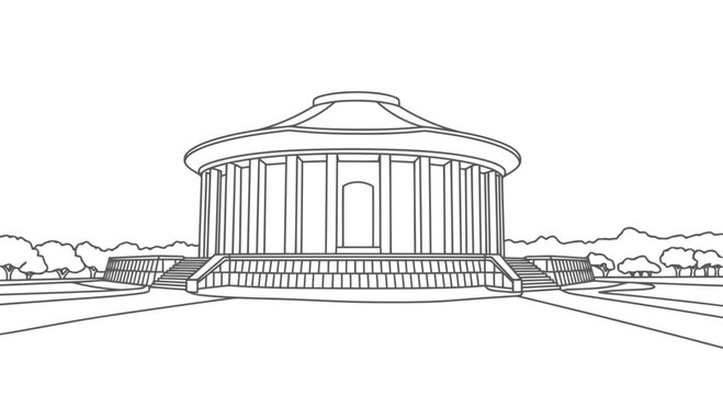 A simple line drawing of a neoclassical building with columns and a triangular roof.