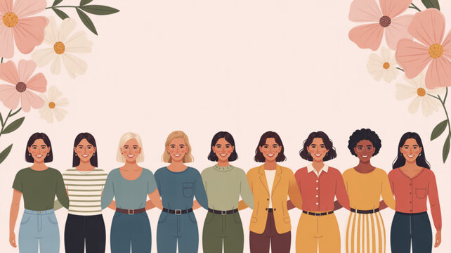 Diverse group of women standing together in unity and solidarity surrounded by colorful flowers on a soft pink background promoting female empowerment and friendship