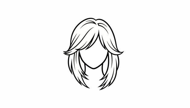 Black and White Line Art Drawing of a Woman's Hairstyle with Bangs