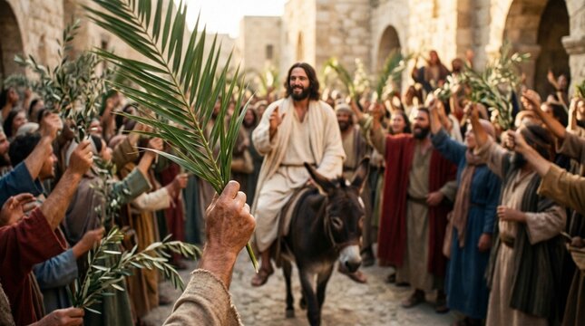 Jesus Triumphal Entry into Jerusalem Palm Sunday Biblical Scene Christian Art Faith Hope Love
