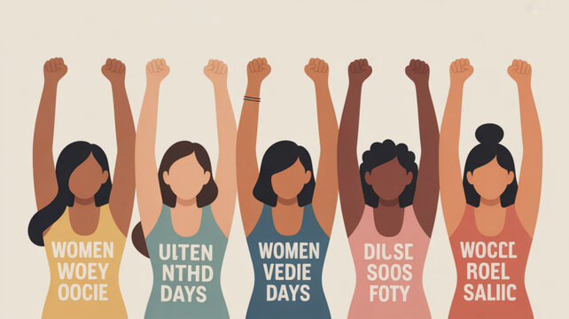 Diverse group of women with raised fists and empowering phrases on colorful tank tops symbolizing female solidarity and strength