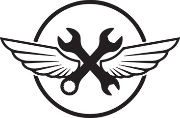 Fototapeta premium Wings and crossed wrenches emblem in circle on transparent background flat vector illustration