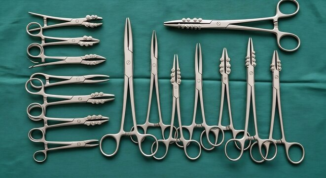 Collection of Surgical Instruments Laid Out on Green Surgical Drape.