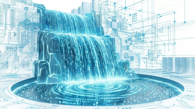 Futuristic data waterfall cascades into a pool of binary code surrounded by circuit boards and servers in a digital landscape