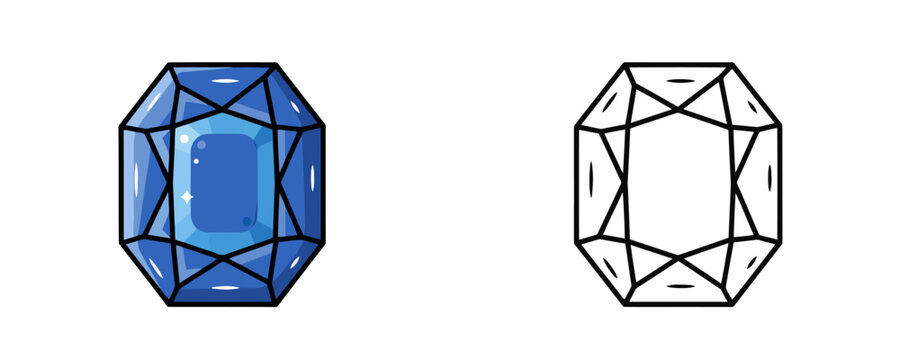 Emerald-cut blue sapphire gemstone vector illustrations shown in colored cartoon and black outline linear styles, deep royal blue translucent hues, representing precious jewel on white background