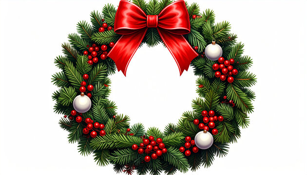 Christmas wreath with red bow white baubles and red berries