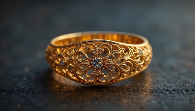 Yellow gold ring with intricate filigree design, warm lighting, premium look