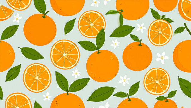 Flat Vector Illustration of Whole and Cut Oranges with Leaves and Flowers