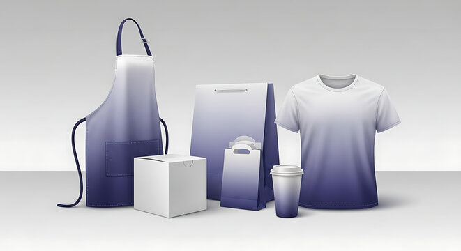 Collection of branded merchandise including apron, t-shirt, shopping bag, box, and coffee cup, showcasing product packaging and apparel design