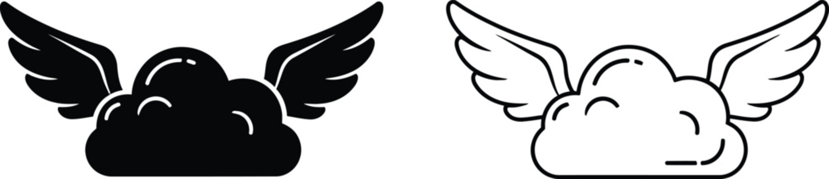 Winged cloud icon set black white Vector