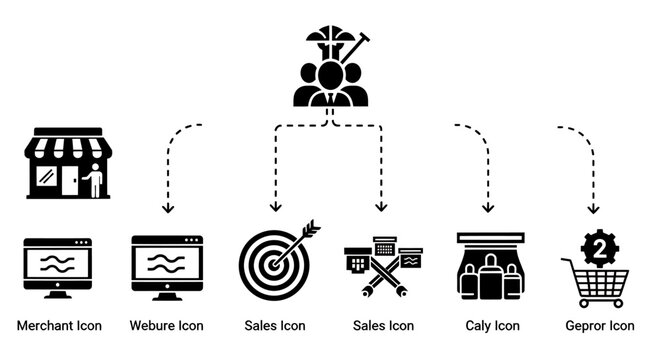 Business Process Icons Diagram: Merchant to Delivery Workflow Illustration.