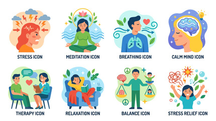 Fototapeta premium A serene vector illustration of people meditating and relaxing in a peaceful environment with calming icons and symbols surrounding them.
