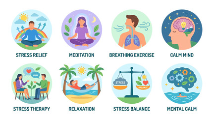 Fototapeta premium People practice stress relief and meditation through breathing exercises in a calm natural environment with mental health illustrations vector graphics.