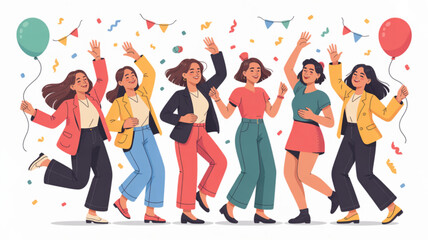 Fototapeta premium Diverse group of women celebrating with balloons and confetti joyful expressions colorful outfits festive atmosphere party vibes fun happiness excitement freedom youthful energy