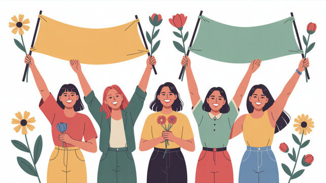 Diverse women holding colorful banners and flowers celebrating unity and solidarity with a joyful expression standing together in harmony