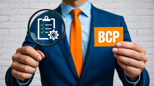 Business professional holding checklist icon and bcp sign representing business continuity planning concept