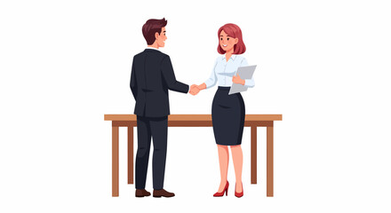 Obraz premium Professional man and woman shaking hands across a table, symbolizing agreement or partnership in a business context.