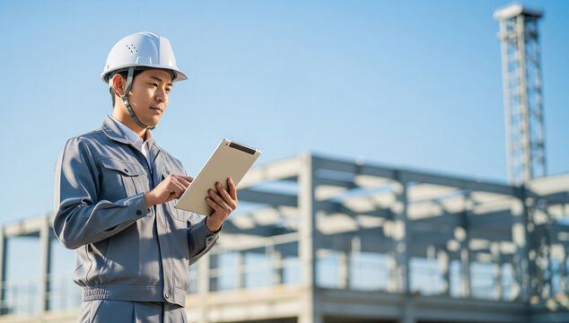 建設現場でタブレットのデータを確認する作業服姿の日本人現場監督