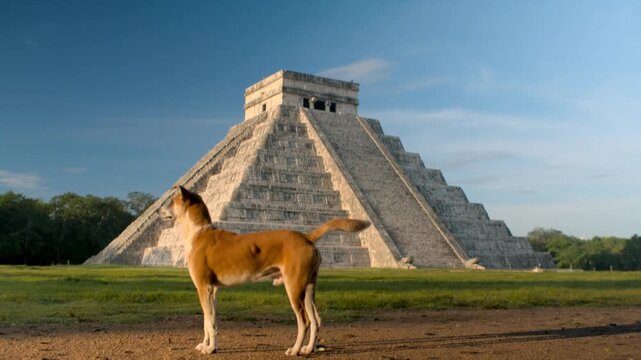 Stray dog walking in front of the mayan temple of Kukulcan in Chichen Itza, Mexico at sunrise