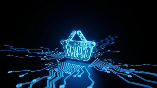 Glowing Digital Shopping Basket Symbol On Circuit Board Online Commerce Dark Blue Background Suggests Technology Use In Website Design