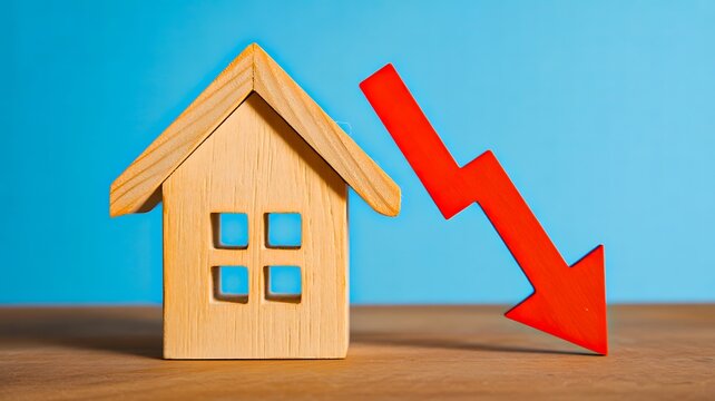 Real estate concept with house model and downward arrow showing price decline and market loss