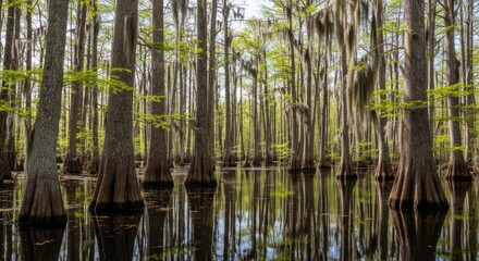 Obraz premium Tranquil forest landscape with trees reflected in calm water
