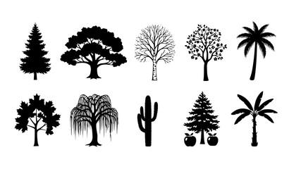 A set of black silhouettes of various trees and plants on a white background © Taijul