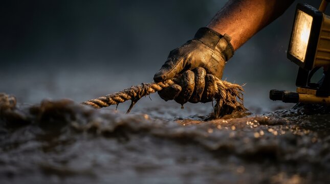 Close-up of Gloved Hand Pulling Rope in Muddy Flood Water, Emergency Rescue Operation During Natural Disaster, Concept of Survival and Resilience