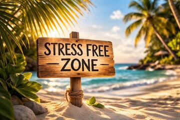 Naklejka premium Stress Free Zone Sign on Tropical Beach with Palm Trees and Ocean at Sunrise