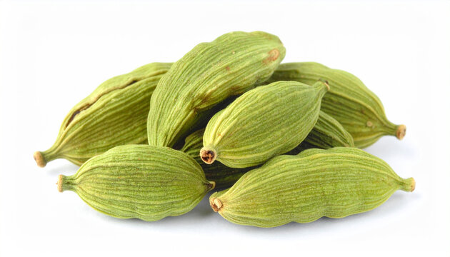 Close-up view of a pile of green cardamom pods with detailed texture