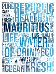 Obraz premium Mauritius. Water concept illustration. Silhouette of the country. Word cloud with blue, marbled water texture. Mauritius shape with related tag words. Creative illustration.