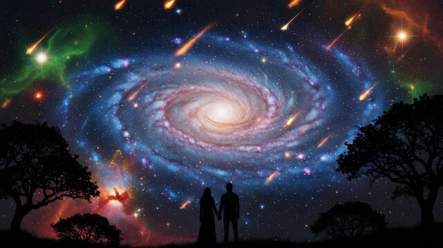 Couple Holding Hands Looking At Galaxy In Space In Front Of Silhouetted Trees With Meteor Showers As The Backdrop For Romantic Themes Inspirational Stories Cosmic Art Purposes