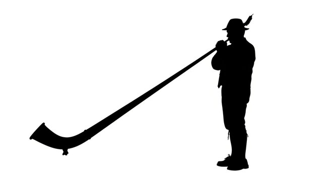Silhouette of a man playing an alpine horn isolated on white background