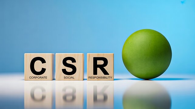 Corporate social responsibility concept with csr wooden blocks and green apple on clean background