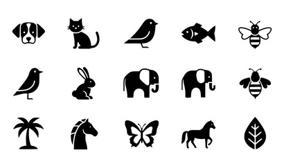 Obraz premium Mixed animal and plant silhouette icons set nature wildlife vector illustration