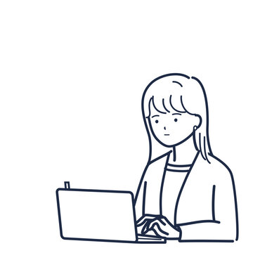 会議前にパソコンで準備する女性（通常運転)（線画）