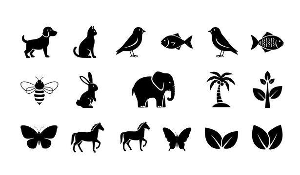 Animal and plant silhouettes set dog cat bird fish butterfly elephant vector collection