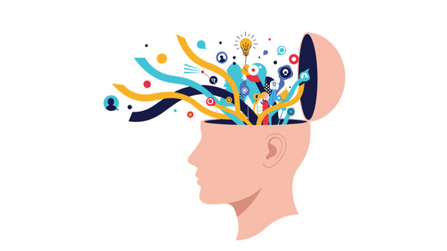 Human head silhouette with an explosion of colorful symbols representing creativity, various hobbies, social media, and innovative ideas.