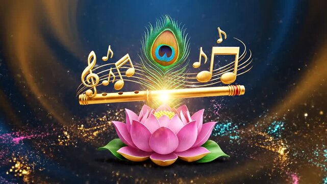 Lord Krishnas Divine Flute and Lotus Flower with Peacock Feather.