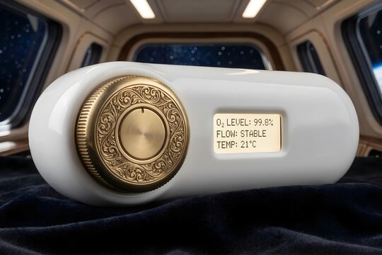 Futuristic spaceship oxygen control panel with gold dial and digital temperature display