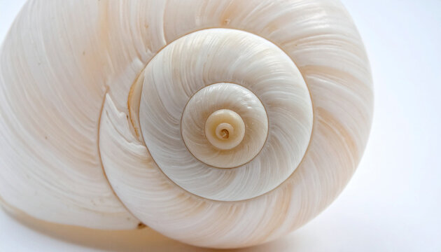 Creamy beige spiral seashell close-up with distinct concentric rings and a soft focus background