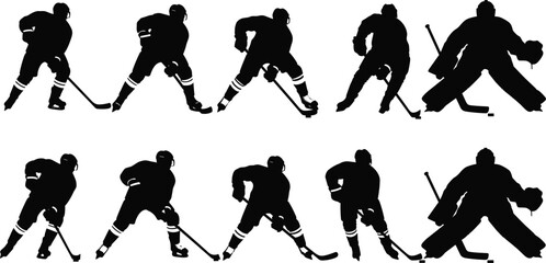 Ice hockey player silhouettes set showing skating, dribbling, shooting and goalie action poses isolated vector illustration for sports design projects © MDJUWEL