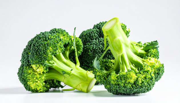 Cut broccoli stems and florets arranged artfully on a white studio backdrop