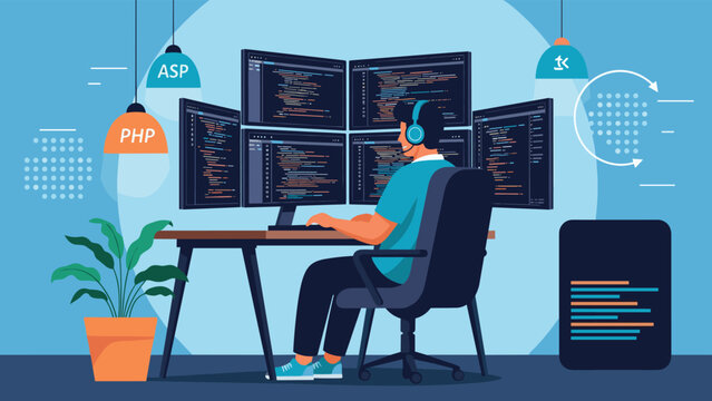 Software developer with headphones sits at a desk working on code across four computer monitors in a blue-themed workspace.